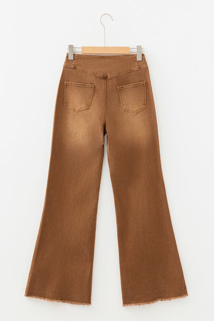 Stacey B's Coffee High Waist Button Fly Seamed Raw Hem Flare Jeans