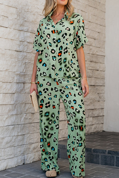 Stacey B's Green Leopard Print Short Sleeve Shirt and Wide Leg Pants Set