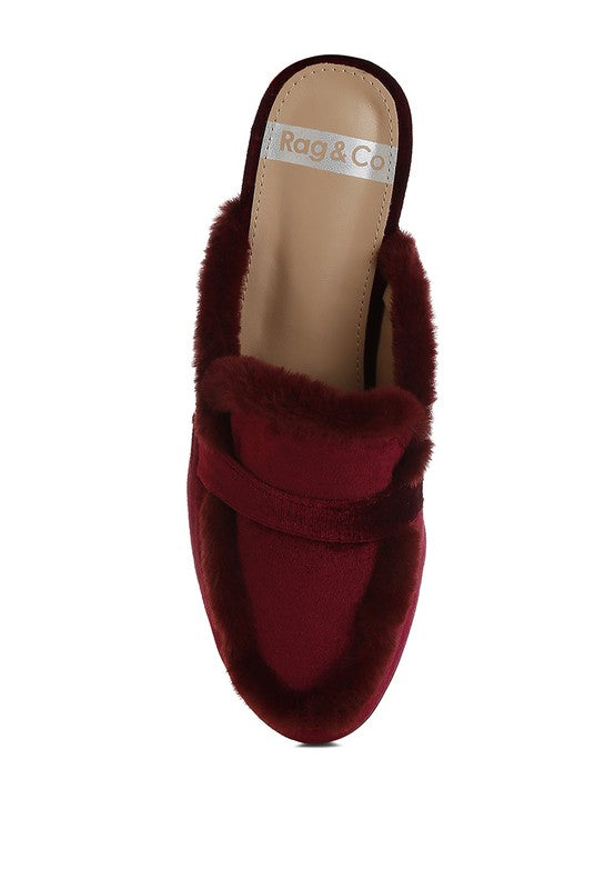 Stacey B's Seyhan Fur Detail Velvet Slip-On Mules