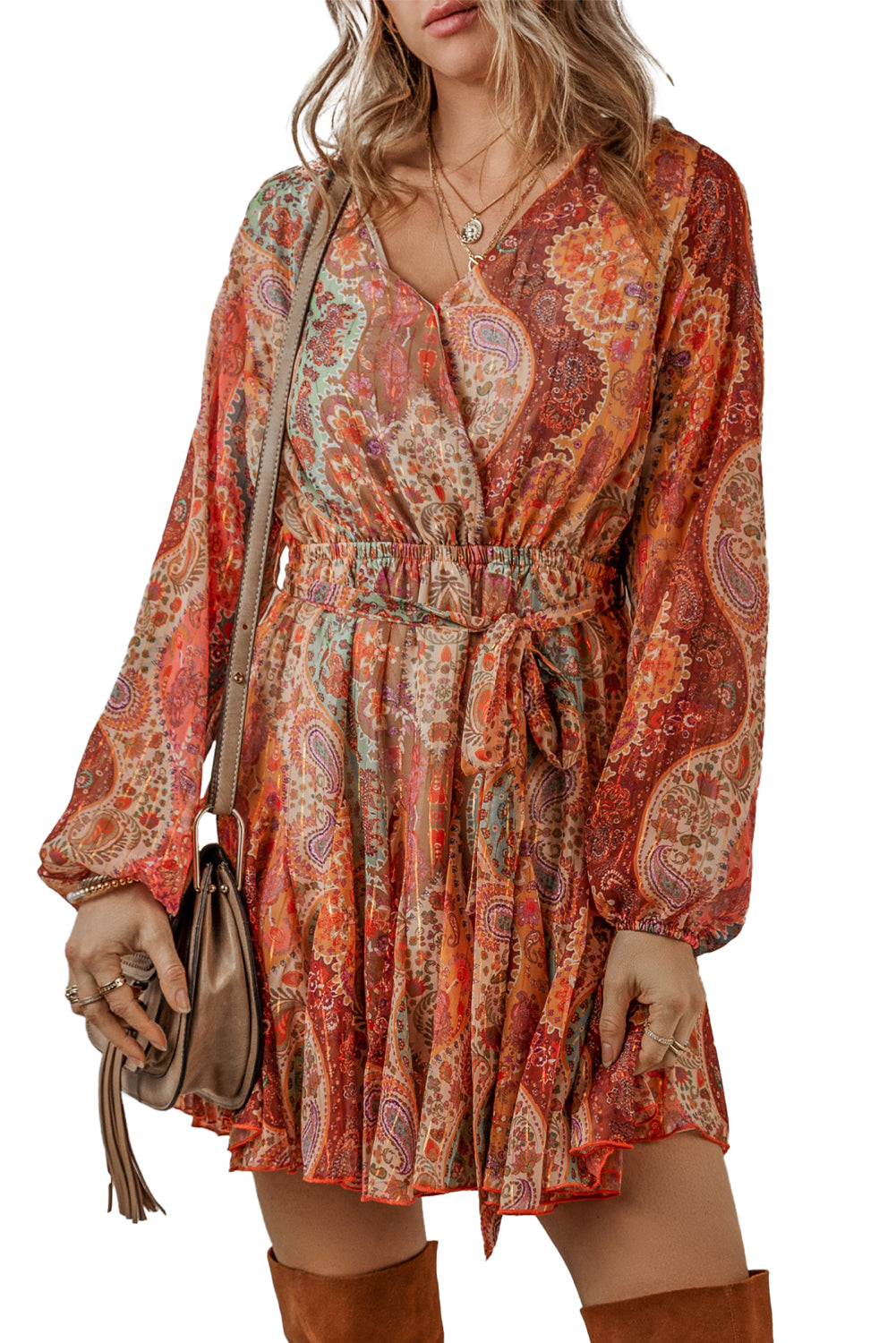 Stacey B's Orange Boho Paisley Print Long Sleeve Pleated Belted Mini Dress