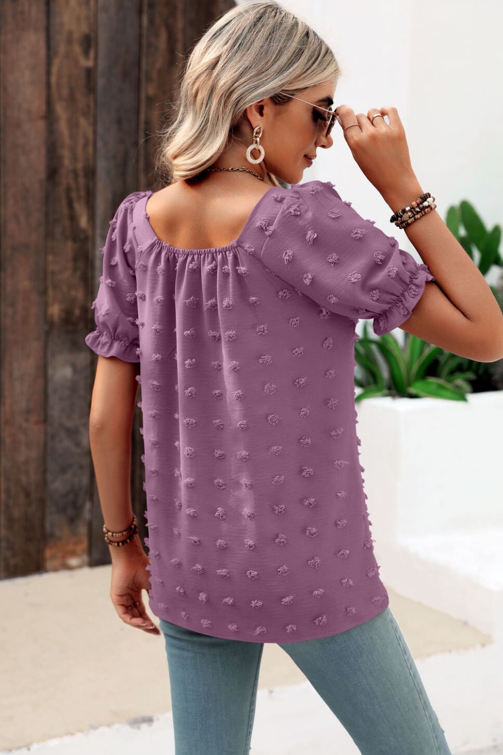 Stacey B's Swiss Dot Puff Sleeve Square Neck Blouse