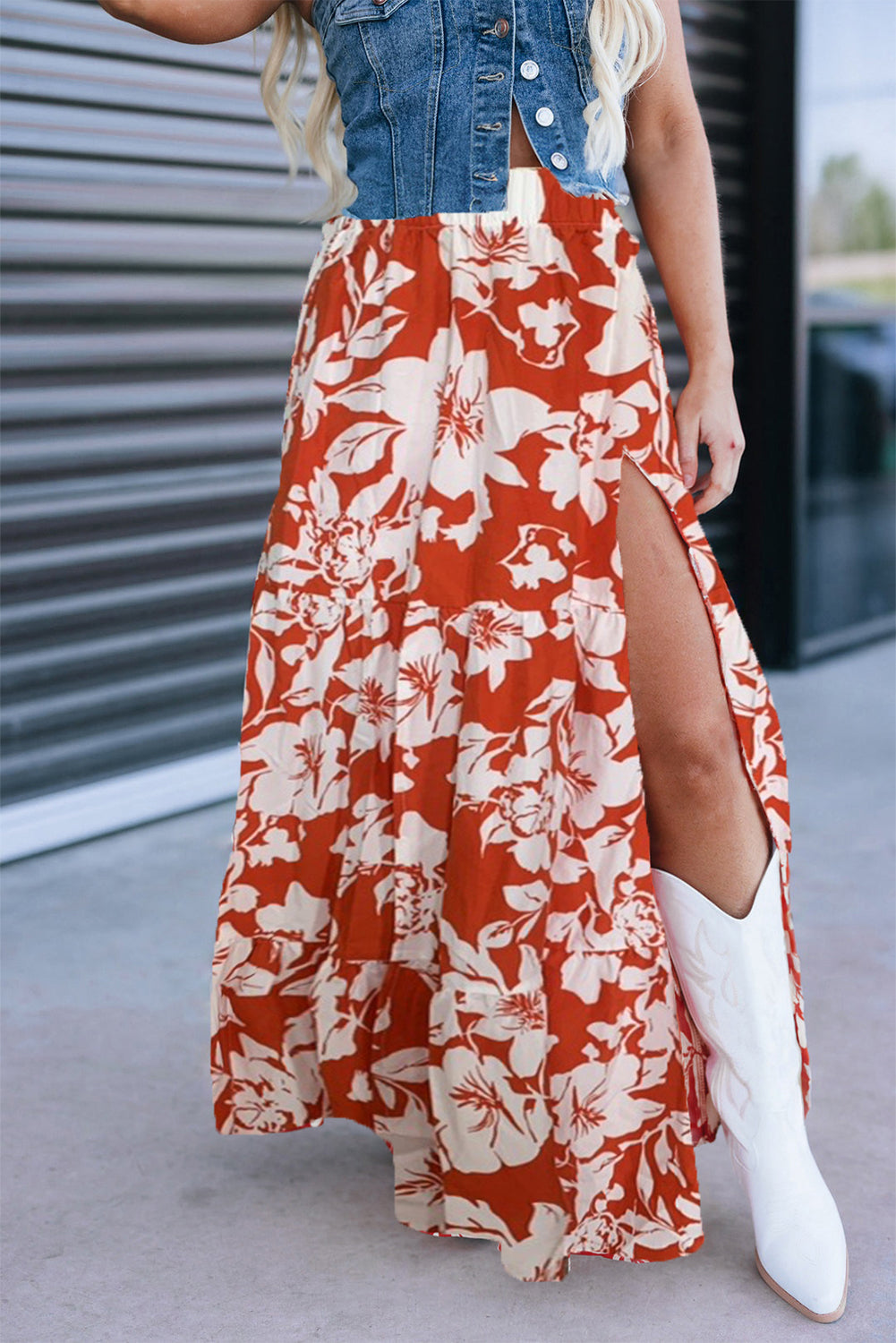 Stacey B's Red High Split Floral Western Cowgirl Maxi Skirt