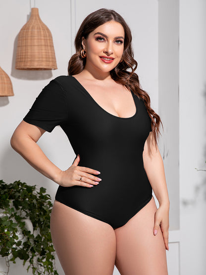 Stacey B's Plus Size Scoop Neck Short Sleeve One-Piece Swimsuit