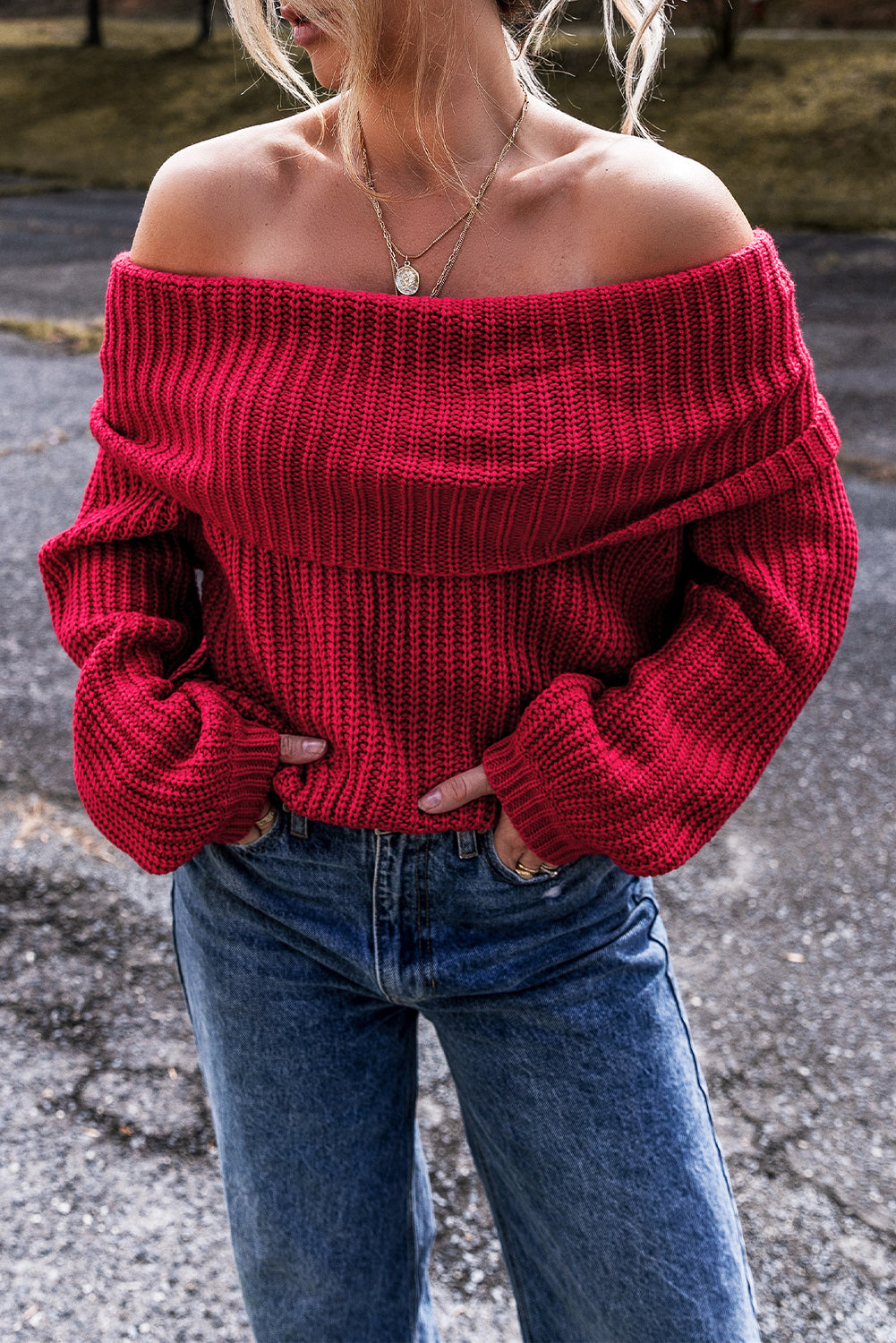 Stacey B's Racing Red Off-the-shoulder Knit Sweater