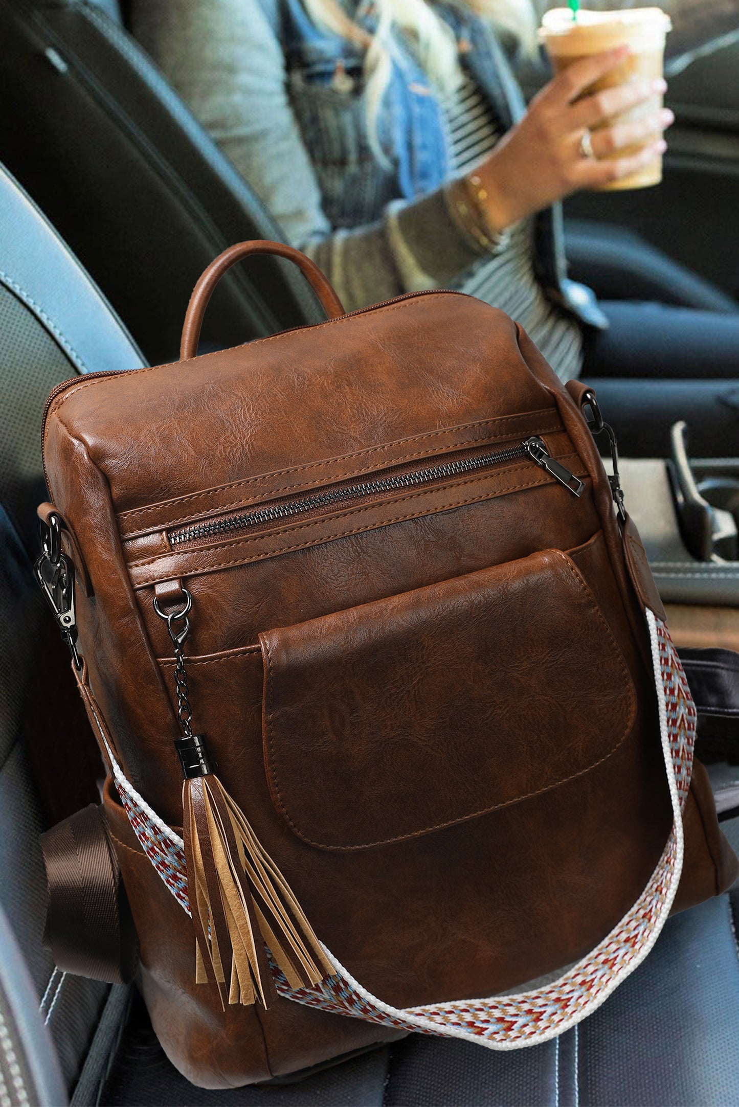 Stacey B's Brown Tassel Decor Retro PU Large Capacity Backpack