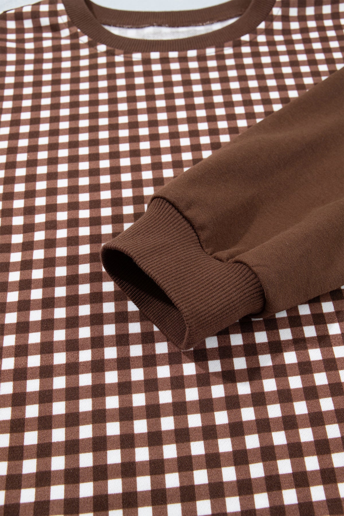 Stacey B's Brown Color Block Plaid Patchwork Long Sleeve Pullover Wide Leg Pant Set