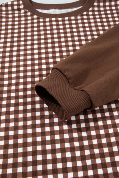 Stacey B's Brown Color Block Plaid Patchwork Long Sleeve Pullover Wide Leg Pant Set