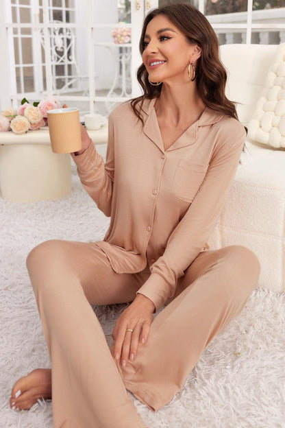 Stacey B's Button Up Long Sleeve Top and Pants Lounge Set