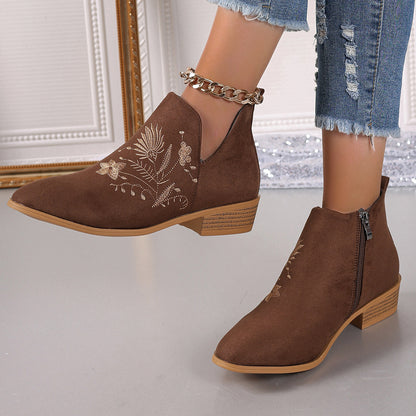 Stacey B's Embroidered Suede Point Toe Block Heel Boots