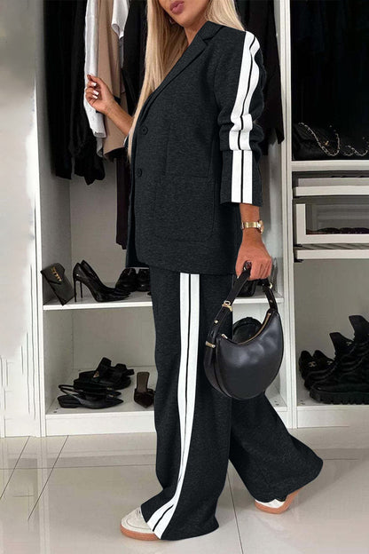 Stacey B's Full Size Contrast Lapel Collar Top and Pants Set