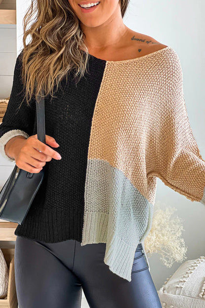 Stacey B's Black Color Block Knit V Neck Loose Sweater