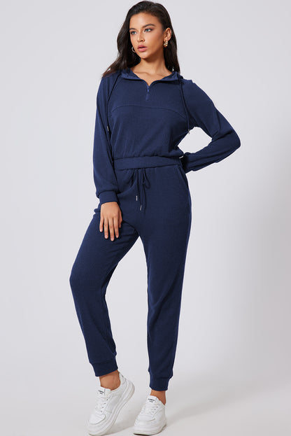 Stacey B's Navy Blue Ribbed Knit Cropped Hoodie and Drawstring Joggers Set