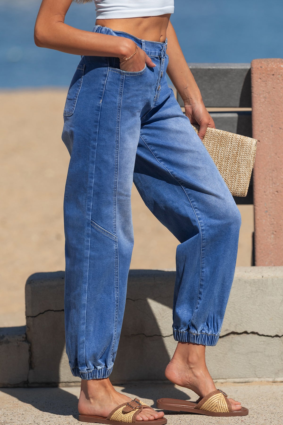 Stacey B's Blue 4 Buttons Front Tapered Casual Loose Fit Jeans