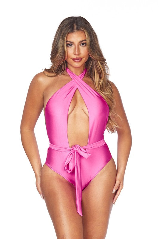 Stacey B's One Piece Criscross Halter Neckline