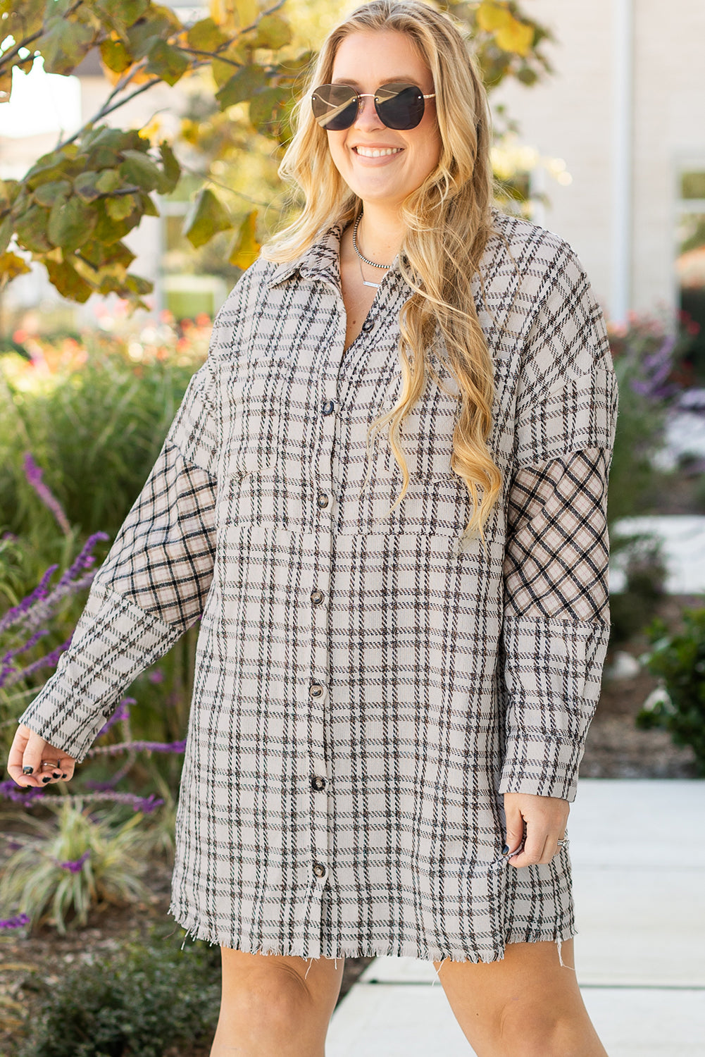 Stacey B's White Stripe Plus Size Plaid Buttoned Raw Hem Tunic Shirt Dress