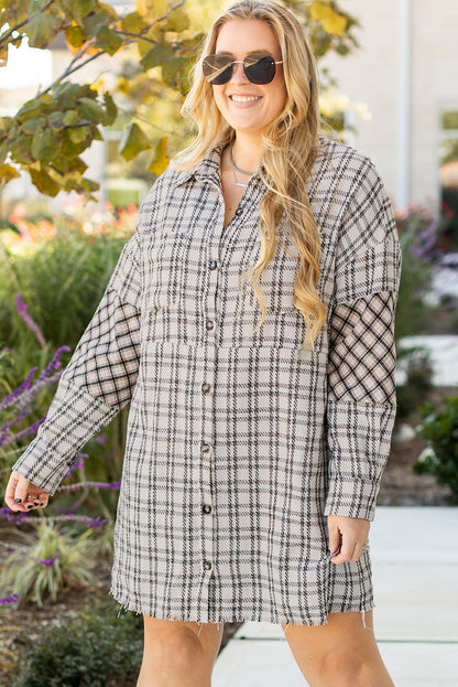 Stacey B's White Stripe Plus Size Plaid Buttoned Raw Hem Tunic Shirt Dress