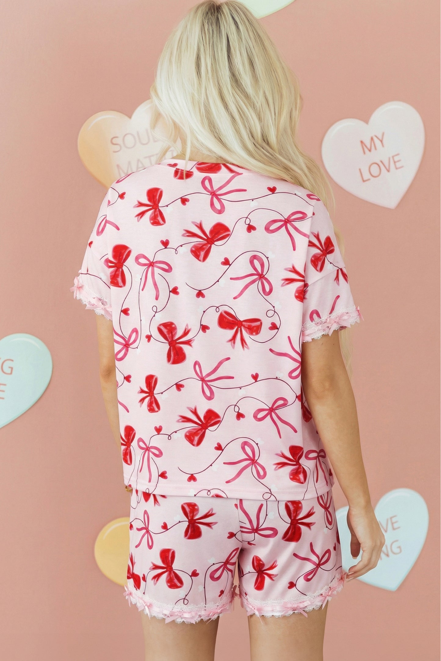 Stacey B's Red Romantic Bow Print Loose Tee Drawstring Shorts 2pcs Lounge Set