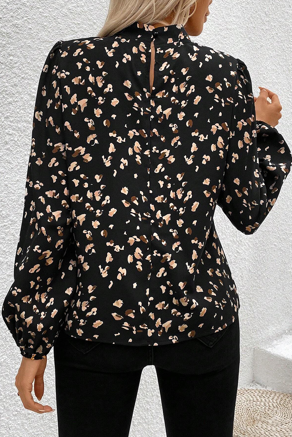 Stacey B's Black Leopard Print Puff Sleeve Mock Neck Pleated Blouse