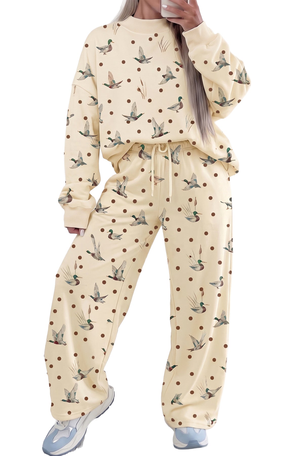 Stacey B's Beige Polka Dot Mallard Print Crewneck Pullover Two Piece Pants Set