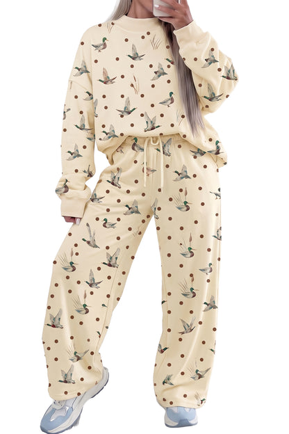 Stacey B's Beige Polka Dot Mallard Print Crewneck Pullover Two Piece Pants Set