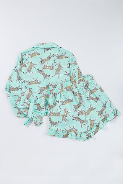 Stacey B's Green Leopard Satin Ruffle Pajama Short Set