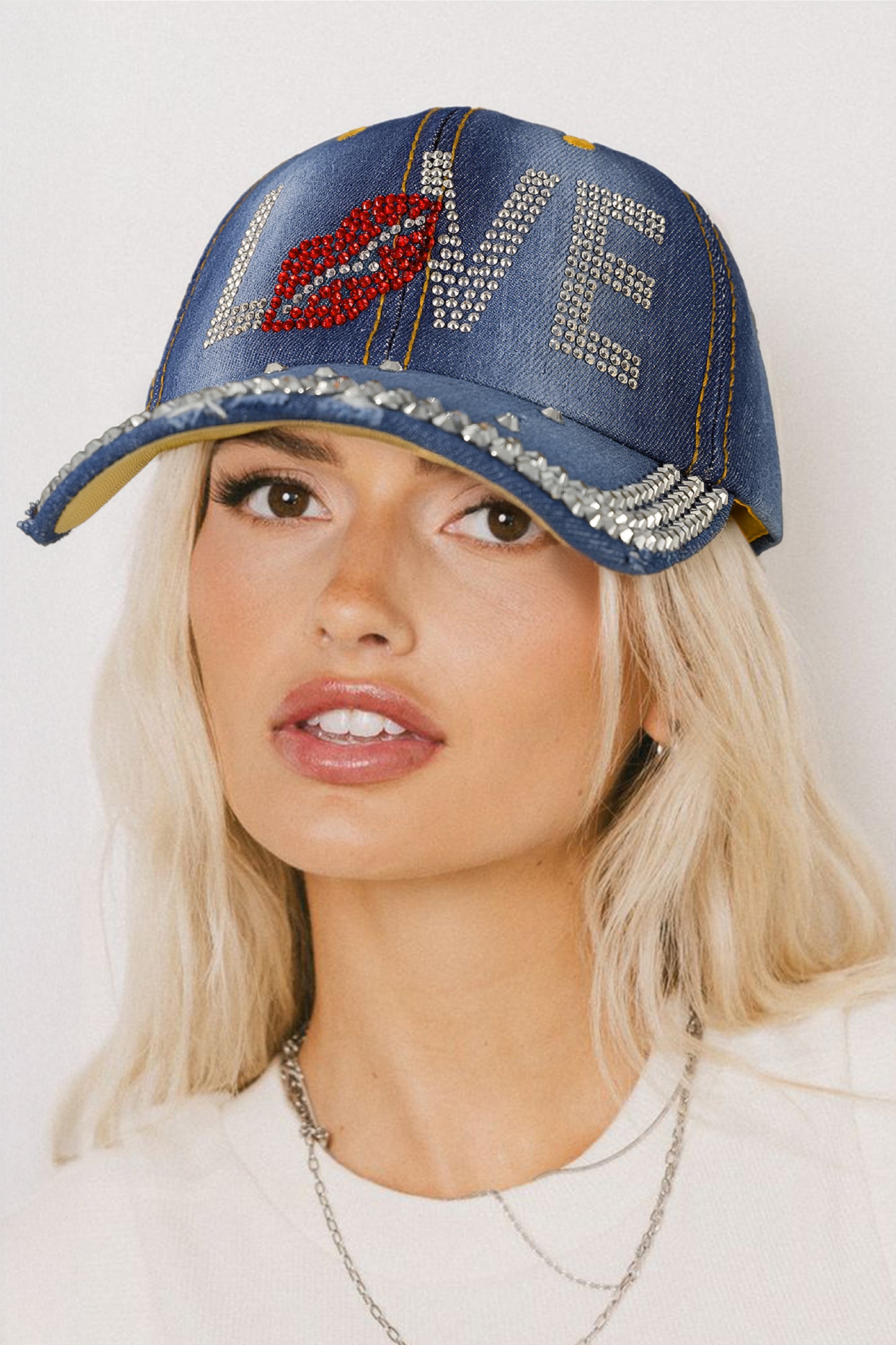 Stacey B's Ashleigh Blue Rhinestone Embellished LOVE Lip Denim Baseball Cap