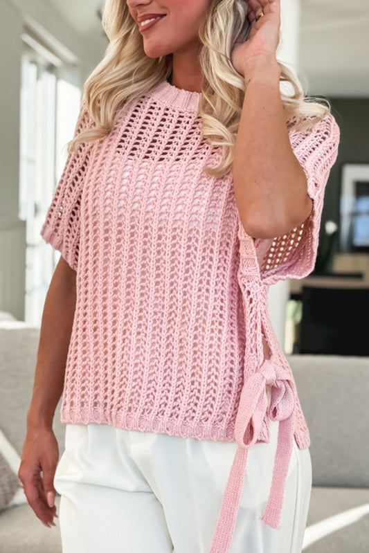 Stacey B's Pink Side Tie Hollow-out Crochet Knit Top