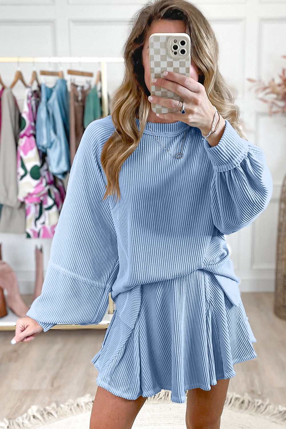 Stacey B's Jet Stream Corded Lantern Sleeve Pullover and Ruffle Mini Skirt Set