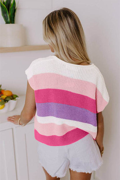 Stacey B's Pink Color Block Notch V Neck Sweater T Shirt