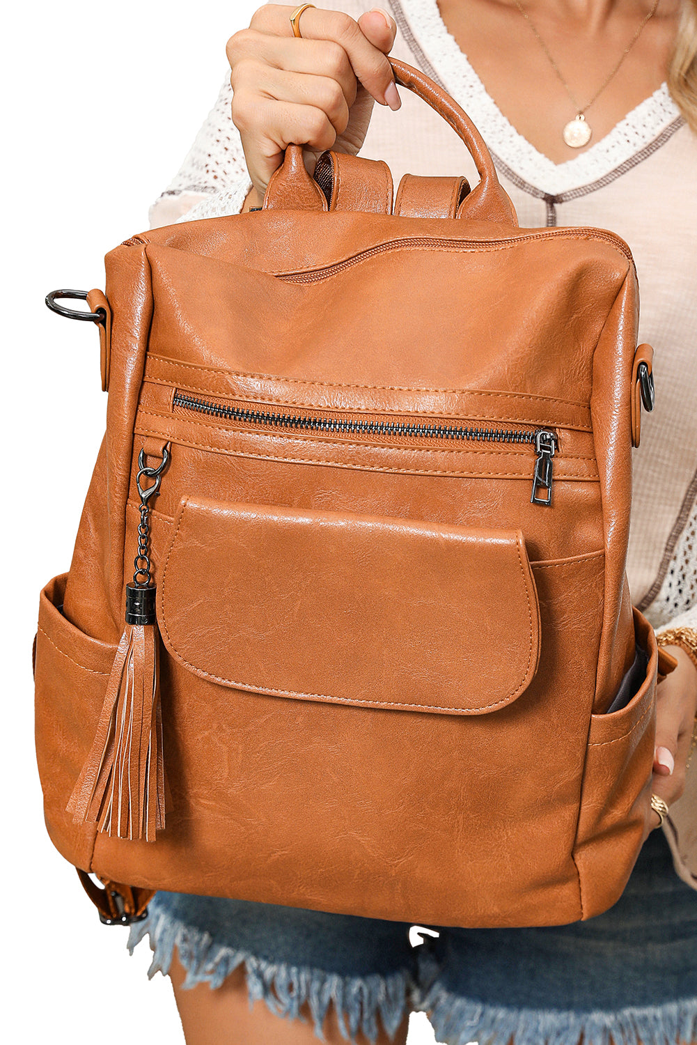 Stacey B's Brown Tassel Decor Retro PU Large Capacity Backpack