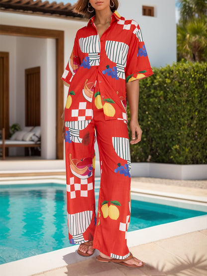 Stacey B's Printed Dropped Shoulder Top and Wide Leg Pants Set