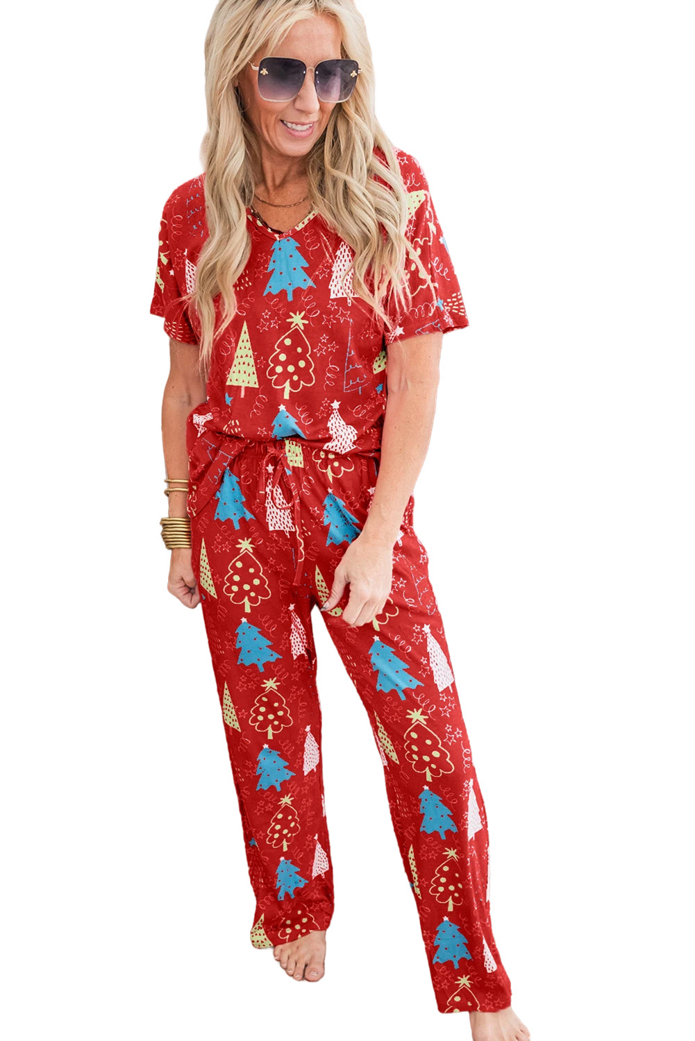 Stacey B's Green Christmas Tree Print V Neck Tee and Pants Pajama Set