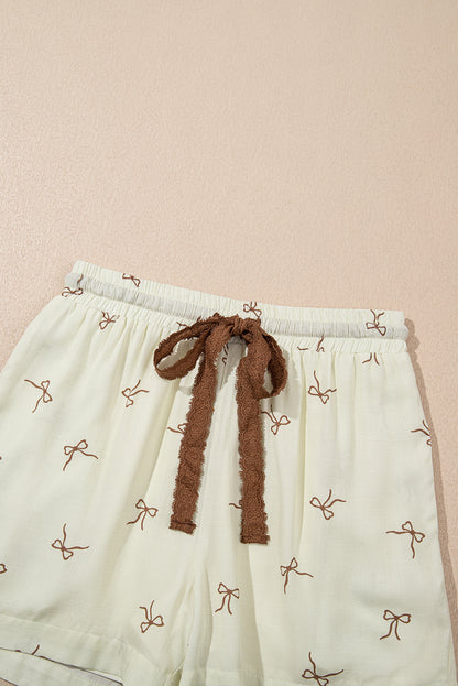 Stacey B's White Bow Print Lace Drawstring Casual Shorts