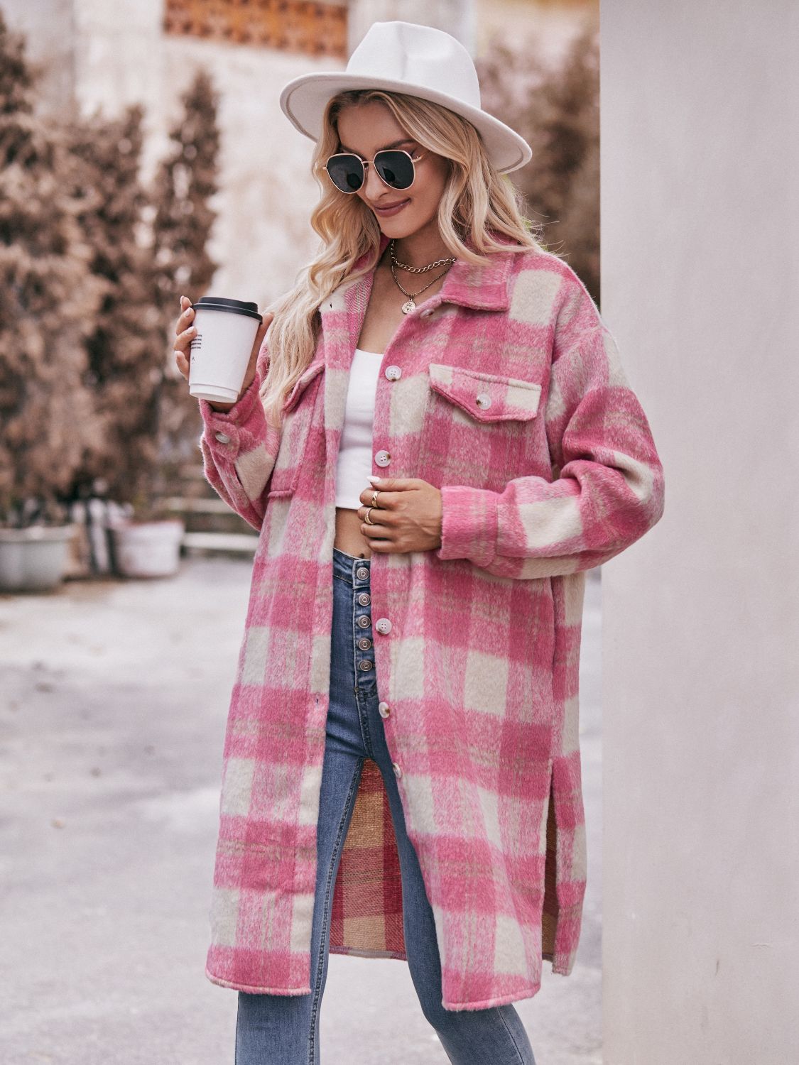 Stacey B's Mandy Plaid Dropped Shoulder Slit Coat