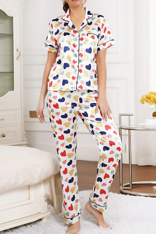 Stacey B's White Heart Graphic Lapel Collar T Shirt And Pant Pajama Set