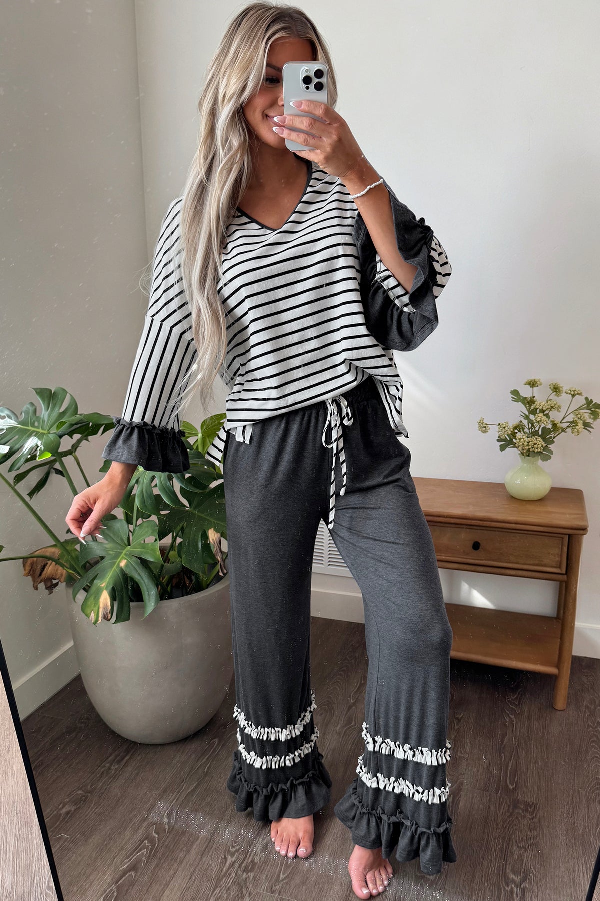 Stacey B's Blue Stripe V Neck Ruffle Contrast Sleeve Top Drawstring Pants 2pcs Set