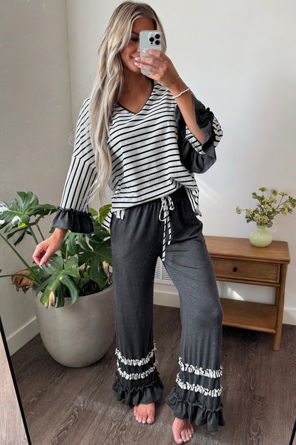 Stacey B's Blue Stripe V Neck Ruffle Contrast Sleeve Top Drawstring Pants 2pcs Set