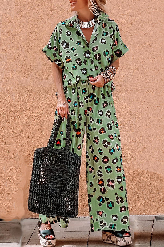 Stacey B's Green Leopard Print Short Sleeve Shirt and Wide Leg Pants Set