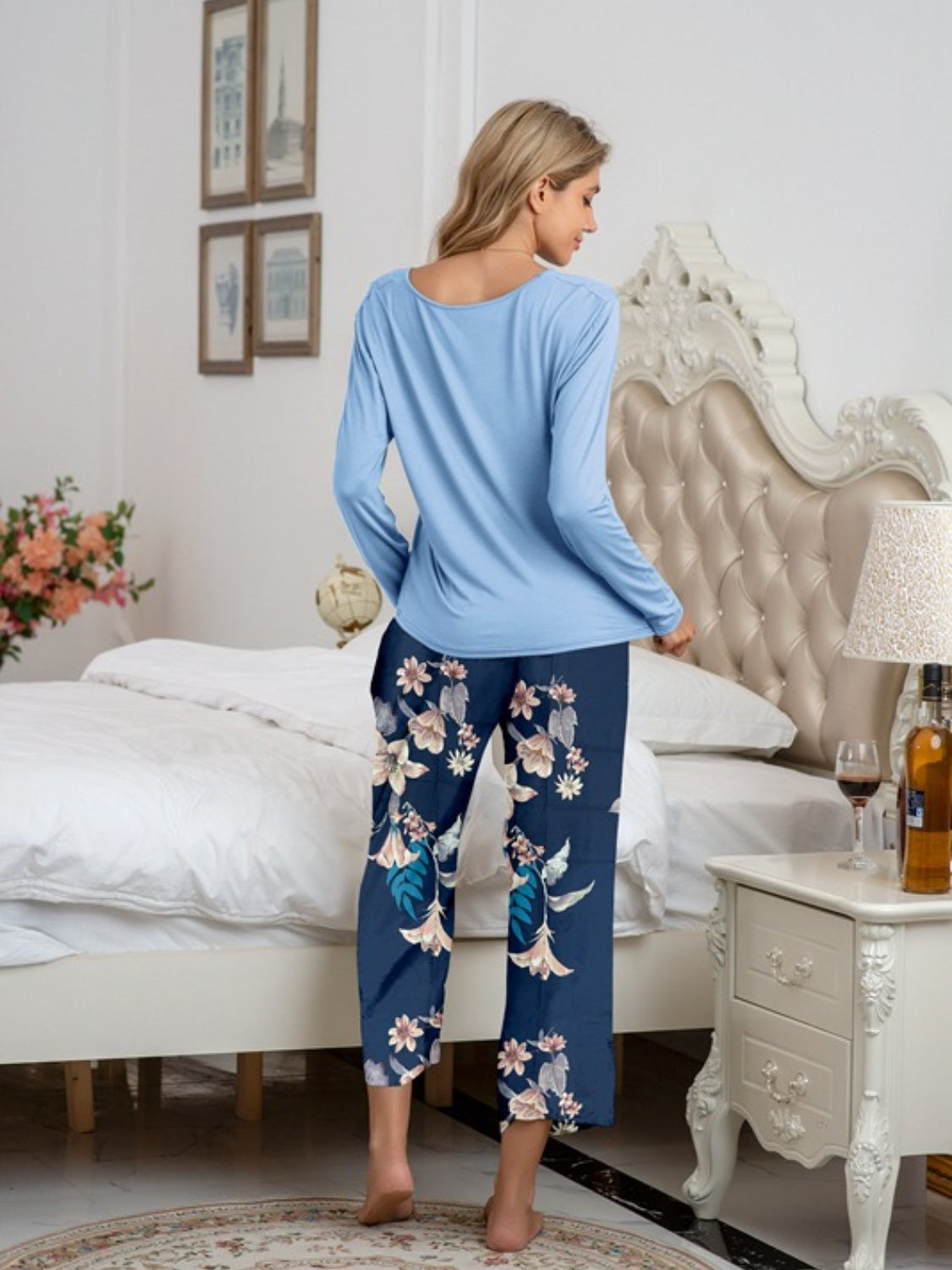 Stacey B's Round Neck Top and Printed Pants Lounge Set