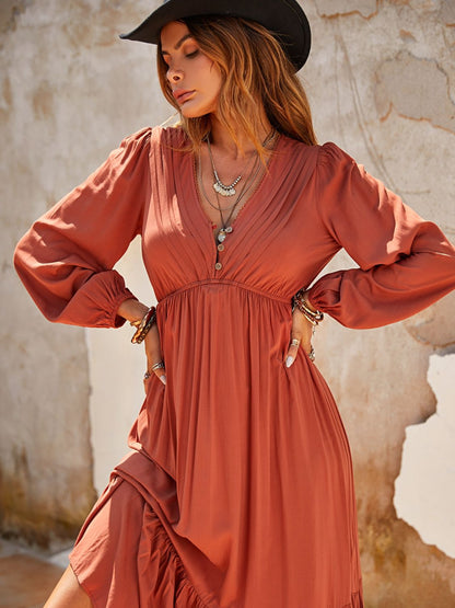 Stacey B's Ruched V-Neck Long Sleeve Midi Dress