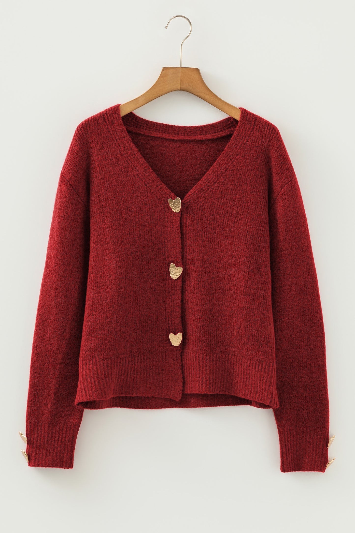 Stacey B's Fiery Red Heart Metal Button V Neck Cardigan Sweater