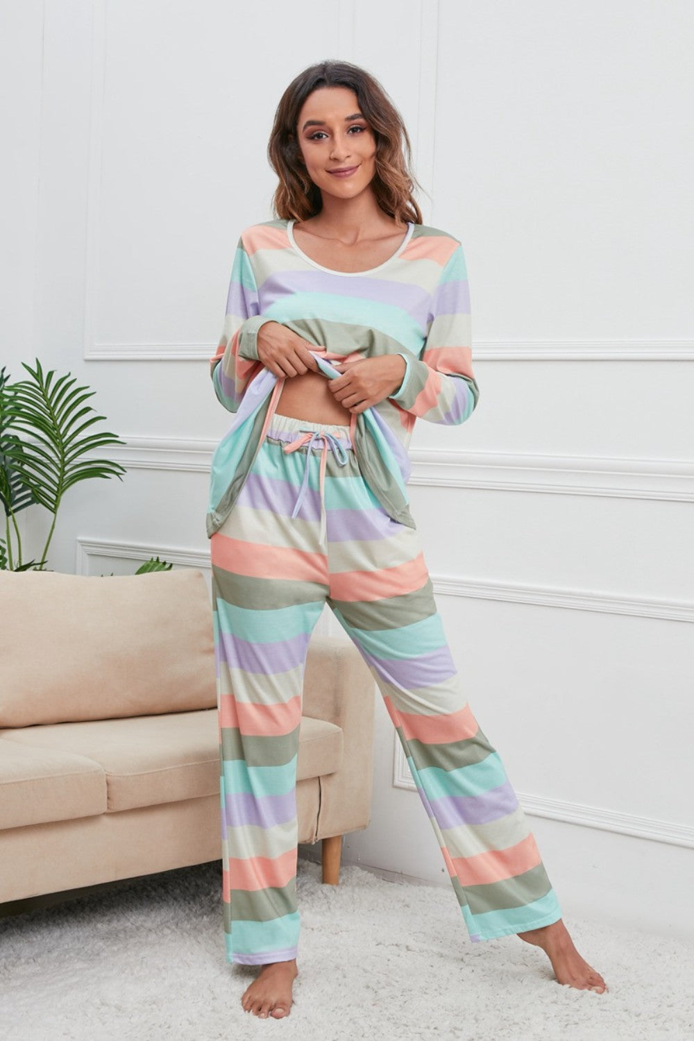 Stacey B's Striped Round Neck Long Sleeve Top and Drawstring Pants Lounge Set