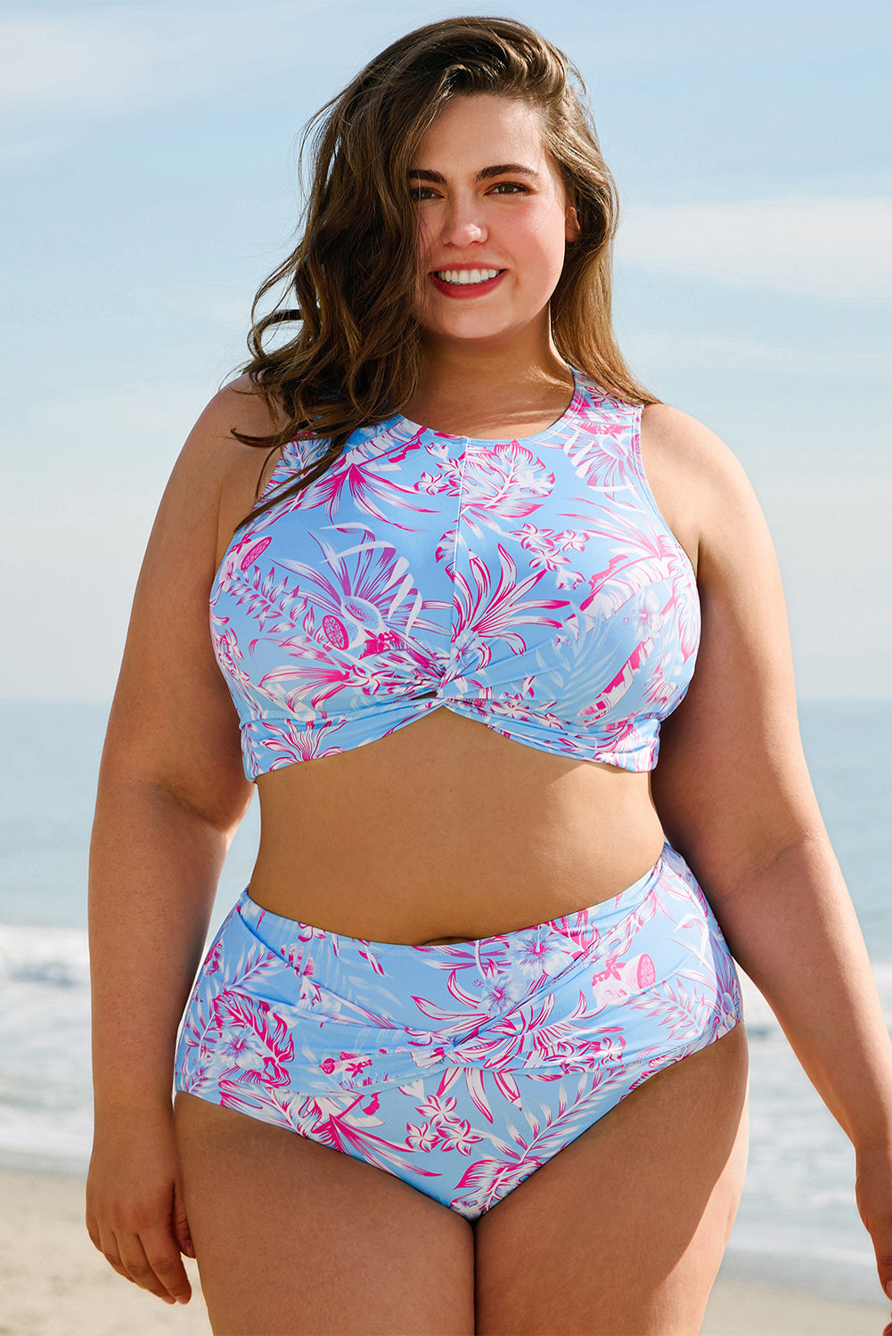 Stacey B's Sky Blue Plus Size Floral Print Twisted High Waist Bikini Set