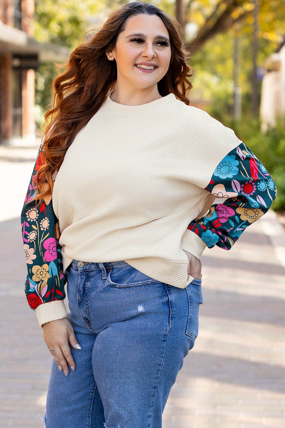 Stacey B's White Floral Patchwork Sleeve Textured Plus Size Pullover Top