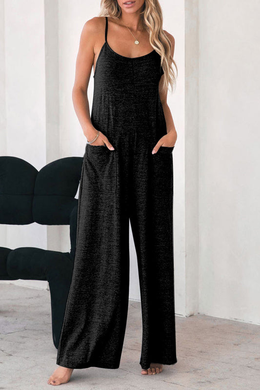 Stacey B's Black Loose Fit Side Pockets Spaghetti Strap Wide Leg Jumpsuit