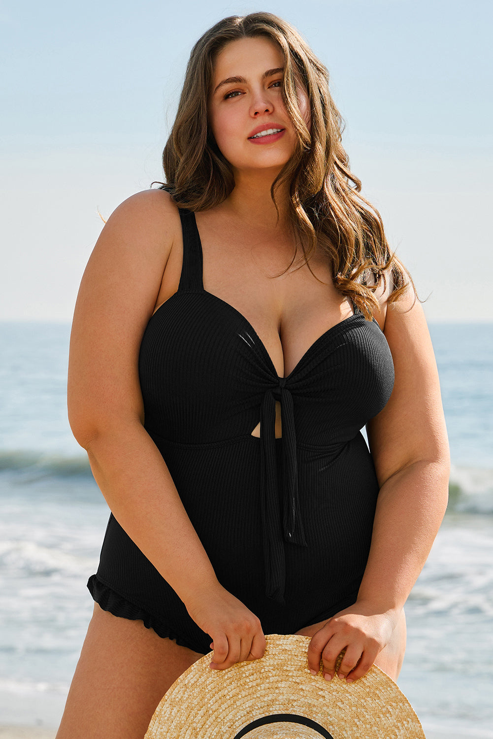 Stacey B's Black Plus Size Textured Knotted Ruffled Trim One Piece Swimwear