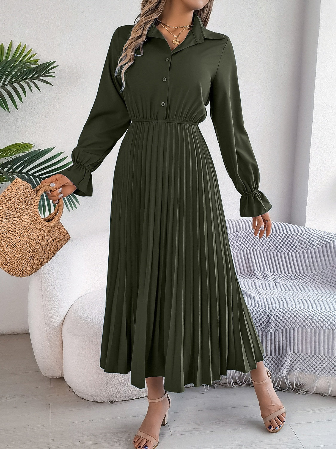 Stacey B's Pleated Half Button Long Sleeve Midi Dress