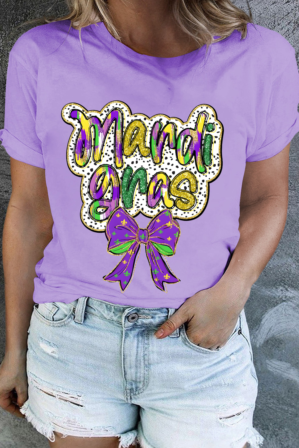 Stacey B's Orchid Petal mardi gras Bow Graphic Crewneck Plus Size Tee