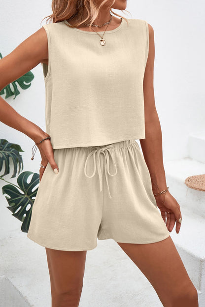 Stacey B's Round Neck Top and Drawstring Shorts Set