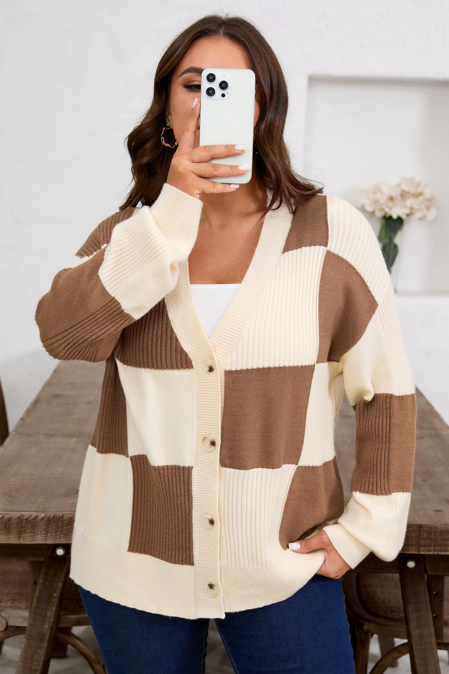 Stacey B's Khaki Checkered Ribbed Texture Knit Plus Size Cardigan Sweater